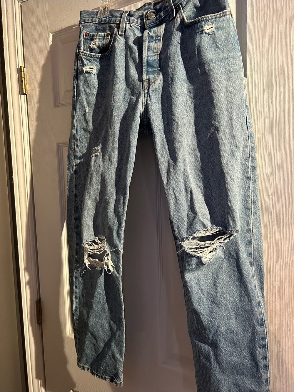 Levi's Light Blue Distressed Button Fly 501 Jeans